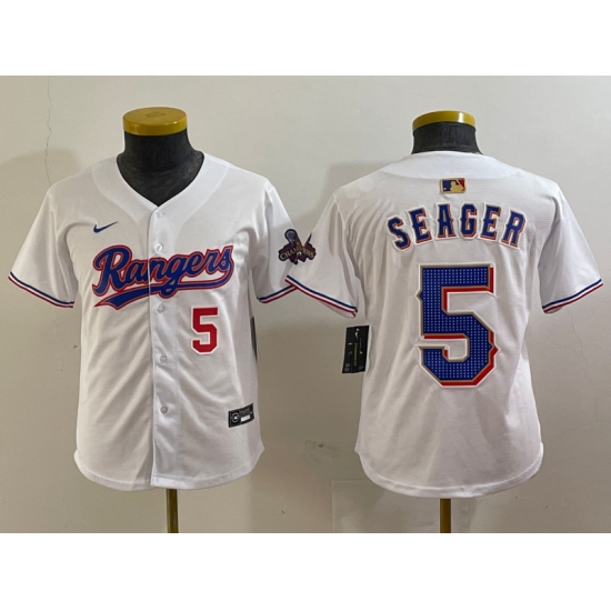 Youth Texas Rangers #5 Corey Seager Number White 2024 Gold Collection Limited Cool Base Jerseys - Ujersey