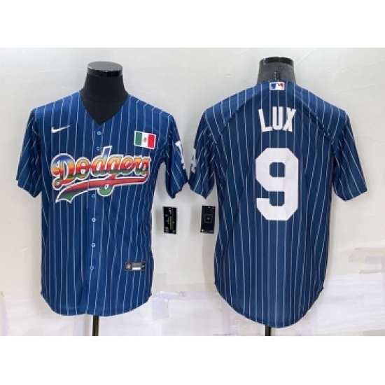 Men's Los Angeles Dodgers #9 Gavin Lux Rainbow Blue Red Pinstripe Mexico Cool Base Nike Jersey - Ujersey
