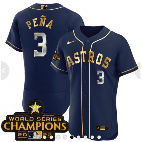 Men's Houston Astros #3 Jeremy Pena 2023 Blue Gold World Serise Champions Base Stitched Jerseys - Ujersey