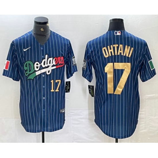 Men's Los Angeles Dodgers #17 Shohei Ohtani Number Mexico Blue Gold Pinstripe Cool Base Stitched Jersey - Ujersey