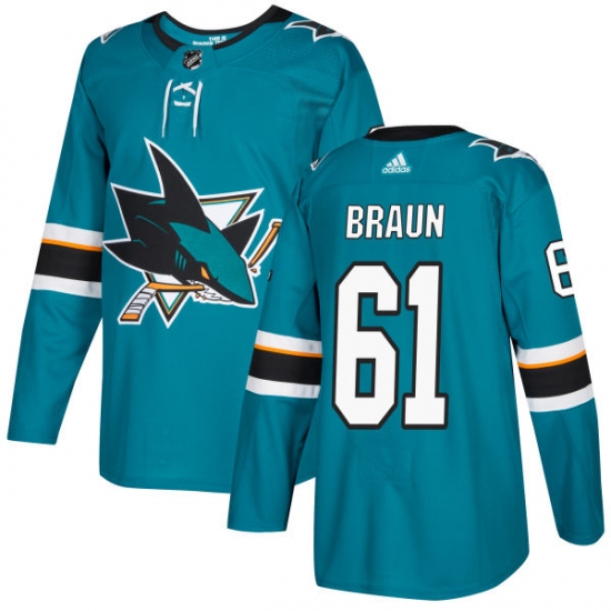 Youth Adidas San Jose Sharks #61 Justin Braun Authentic Teal Green Home NHL Jersey - Ujersey