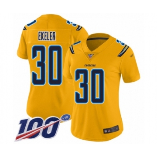 Women's Los Angeles Chargers #30 Austin Ekeler Limited Gold Inverted Legend 100th Season Football Jersey - Ujersey