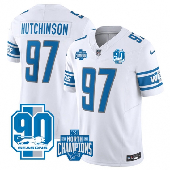Men's Detroit Lions #97 Aidan Hutchinson White 2023 90th Anniversary North Division Champions Limited Stitched Jersey - Ujersey
