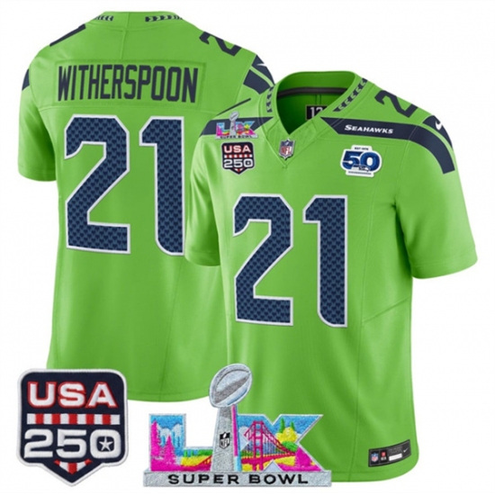 Men's Seattle Seahawks #21 Devon Witherspoon Green 2025 F.U.S.E. Super Bowl LX And 50th Season & USA 250 Vapor Limited Football Stitched Jersey - Ujersey