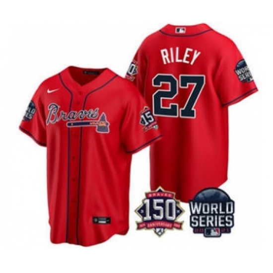 Men's Atlanta Braves #27 Austin Riley 2021 Red World Series With 150th Anniversary Patch Cool Base Stitched Jersey - Ujersey