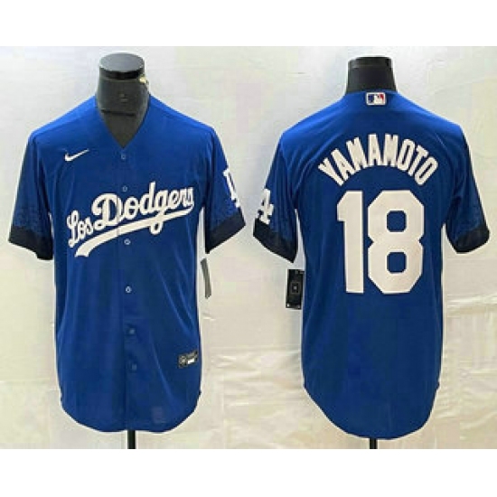 Men's Los Angeles Dodgers #18 Yoshinobu Yamamoto Blue 2021 City Connect Cool Base Stitched Jersey - Ujersey