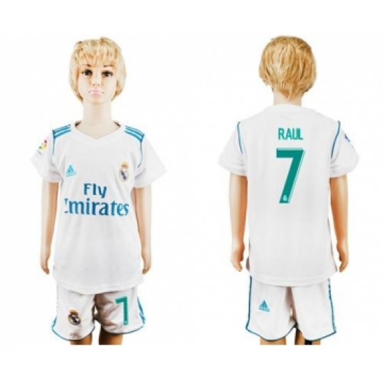 Real Madrid #7 Raul White Home Kid Soccer Club Jersey