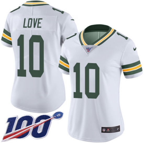 Women's Green Bay Packers #10 Jordan Love White Stitched NFL 100th Season Vapor Untouchable Limited Jersey - Ujersey