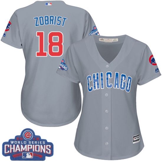 Women's Majestic Chicago Cubs #18 Ben Zobrist Authentic Grey Road 2016 World Series Champions Cool Base MLB Jersey - Ujersey