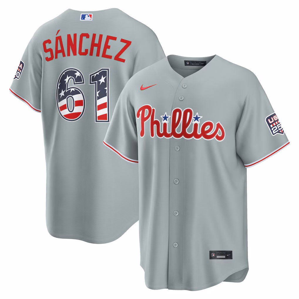 Men's Philadelphia Phillies Cristopher Sanchez Nike Gray USA 250 Fourth of July Road Stadium Jersey - Ujersey