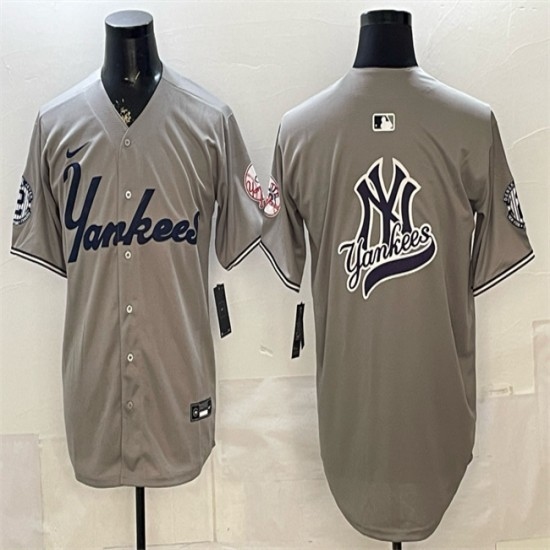 Men's New York Yankees Team Big Logo Grey With Patch Limited Stitched Baseball Jersey - Ujersey