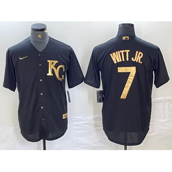 Men's Kansas City Royals #7 Bobby Witt Jr Black Gold Cool Base Stitched Jersey - Ujersey
