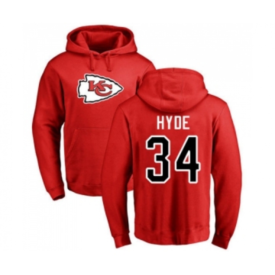 Football Kansas City Chiefs #34 Carlos Hyde Red Name & Number Logo Pullover Hoodie - Ujersey NHL