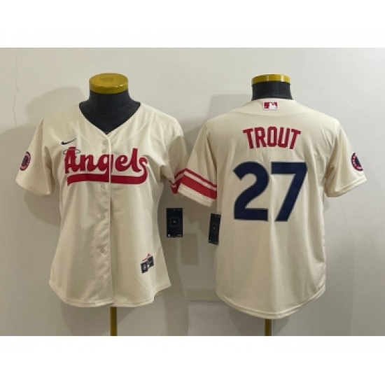 Women's Los Angeles Angels #27 Mike Trout Cream 2022 City Connect Cool Base Stitched Jersey - Ujersey