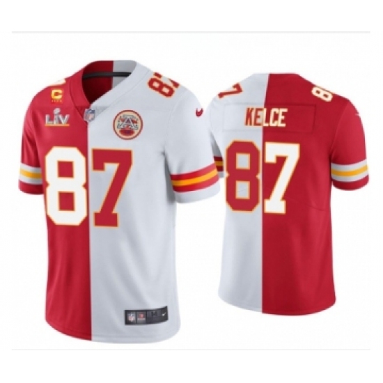 Men's Kansas City Chiefs #87 Travis Kelce Red White Split Vapor Limited 2021 Super Bowl LIV Stitched Jersey - Ujersey