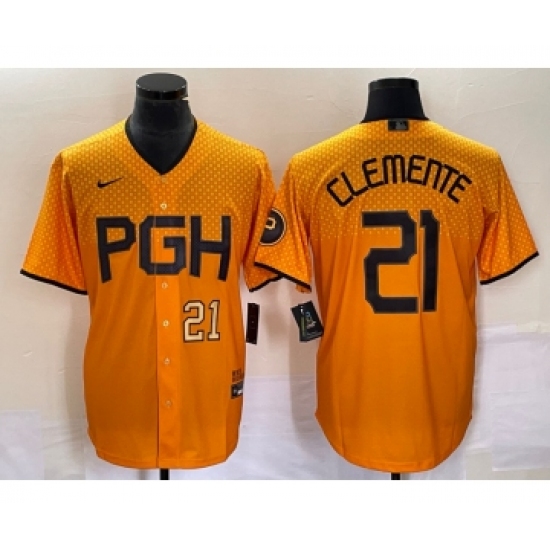Men's Nike Pittsburgh Pirates #21 Roberto Clemente Number Gold 2023 City Connect Stitched Jersey2 - Ujersey