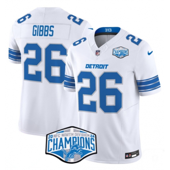 Men's Detroit Lions #26 Jahmyr Gibbs White 2024 NFC North Champions F.U.S.E. Vapor Limited Stitched Jersey