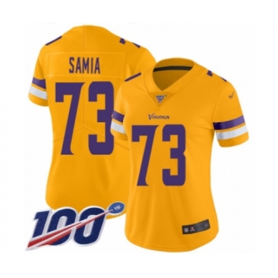 Women's Minnesota Vikings #73 Dru Samia Limited Gold Inverted Legend 100th Season Football Jersey - Ujersey