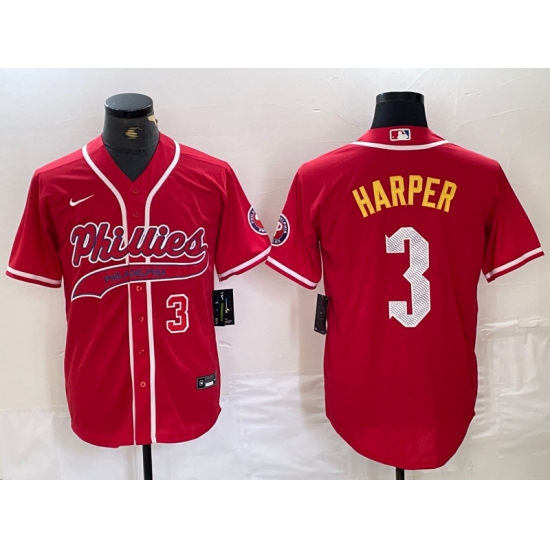 Men's Philadelphia Phillies #3 Bryce Harper Number Red Cool Base Stitched Baseball Jersey - Ujersey