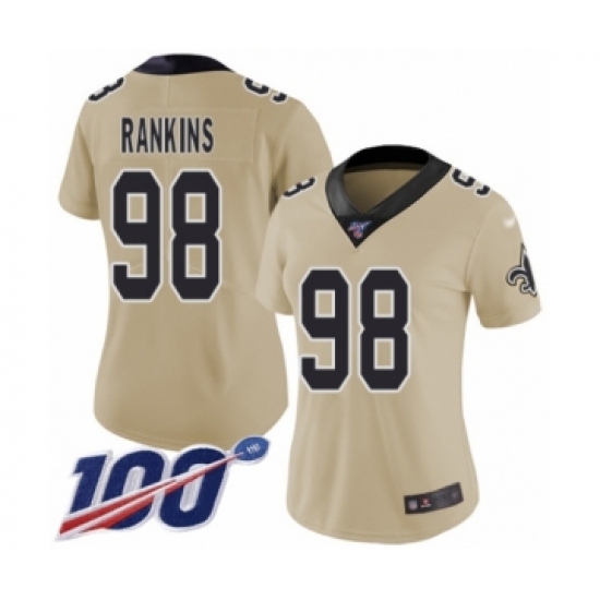 Women's New Orleans Saints #98 Sheldon Rankins Limited Gold Inverted Legend 100th Season Football Jersey - Ujersey