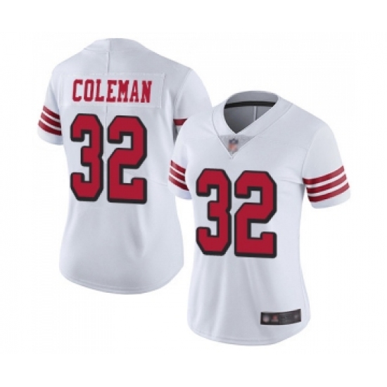 Women's San Francisco 49ers #32 Tevin Coleman Limited White Rush Vapor Untouchable Football Jersey - Ujersey