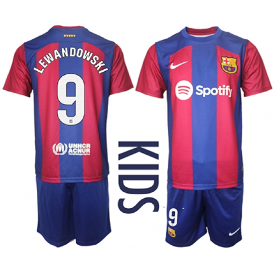 Youth Barcelona #9 Lewandowski Blue Red 2023-24 Home Soccer Jersey