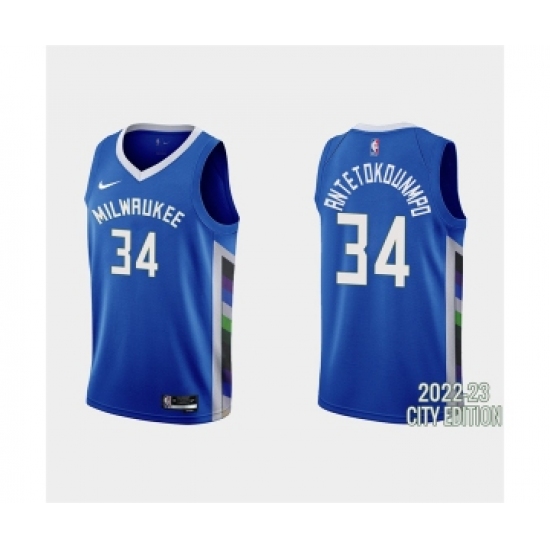 Men's Milwaukee Bucks #34 Giannis Antetokounmpo 2022-23 City Edition Blue Stitched Basketball Jersey - Ujersey