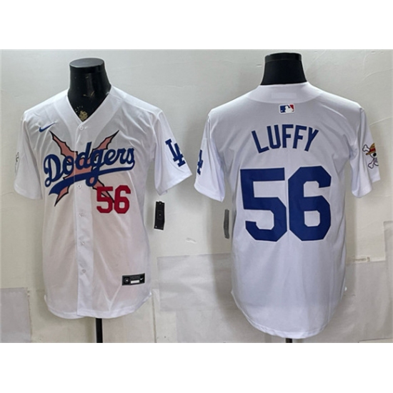 Men's Los Angeles Dodgers x One Piece #56 Luffy White Vapor Premier Limited Stitched Baseball Jersey - Ujersey