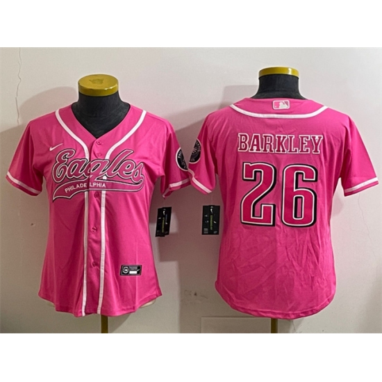 Women's Philadelphia Eagles #26 Saquon Barkley Pink Cool Base Stitched Baseball Jersey(Run Small) - Ujersey