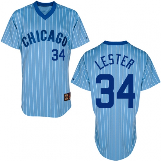 Men's Majestic Chicago Cubs #34 Jon Lester Authentic Blue/White Strip Cooperstown Throwback MLB Jersey - Ujersey