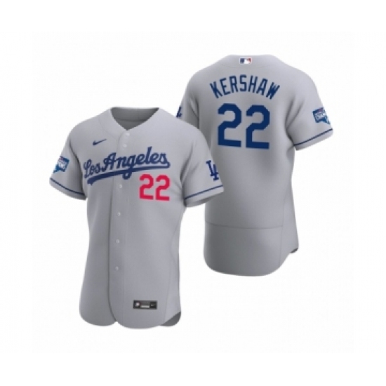 Men's Los Angeles Dodgers #22 Clayton Kershaw Gray 2020 World Series Champions Road Authentic Jersey - Ujersey