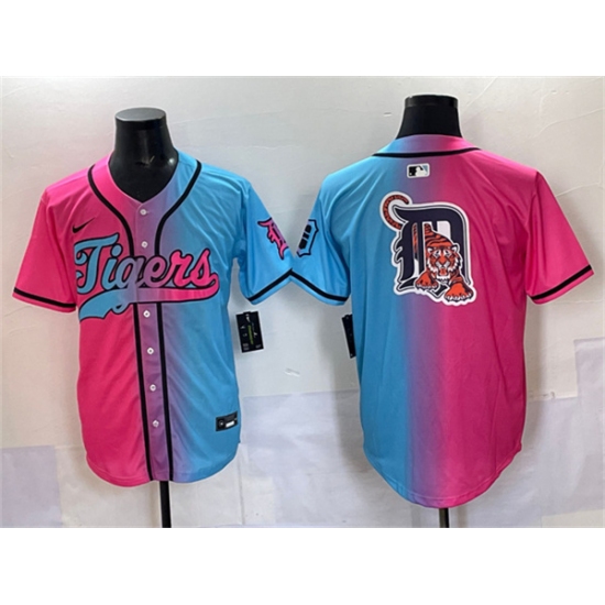 Men's Detroit Tigers Team Big Logo Pink Blue Limited Stitched Baseball Jersey - Ujersey