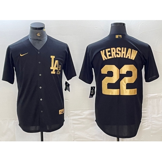 Men's Los Angeles Dodgers #22 Clayton Kershaw Black Gold Cool Base Stitched Jersey - Ujersey