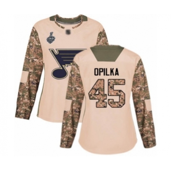 Women's St. Louis Blues #45 Luke Opilka Authentic Camo Veterans Day Practice 2019 Stanley Cup Final Bound Hockey Jersey - Ujersey