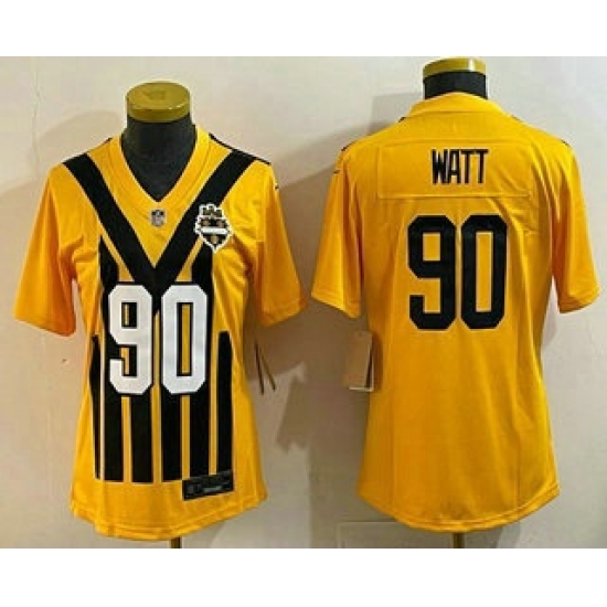 Women's Pittsburgh Steelers #90 TJ Watt Limited Yellow Throwback Vapor Jersey