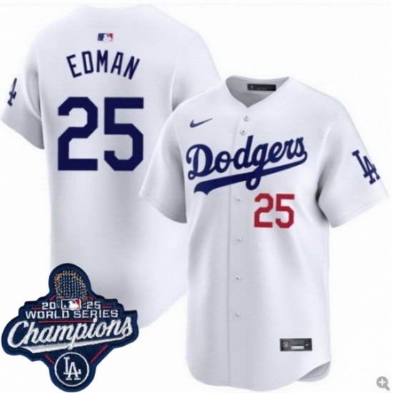 Men's Los Angeles Dodgers 25 Tommy Edman Cool Base 2025 World Champions Stitched Baseball Jersey White - Ujersey