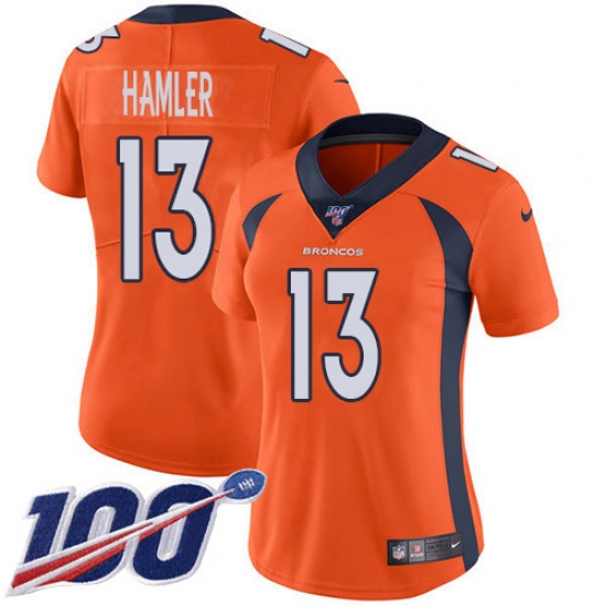Women's Denver Broncos #13 KJ Hamler Orange Team Color Stitched 100th Season Vapor Untouchable Limited Jersey - Ujersey
