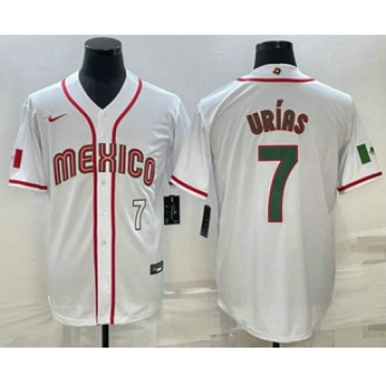Men's Mexico Baseball #7 Julio Urias Number 2023 White Blue World Baseball Classic Stitched Jersey