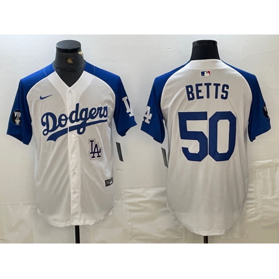 Men's Los Angeles Dodgers #50 Mookie Betts White Blue Fashion Stitched Cool Base Limited Jersey - Ujersey