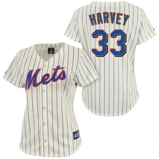 Women's Majestic New York Mets #33 Matt Harvey Authentic Cream/Blue Strip MLB Jersey - Ujersey