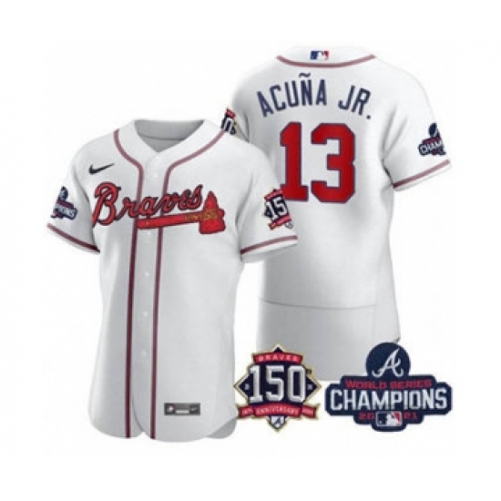 Men's Atlanta Braves #13 Ronald Acuna Jr. 2021 White World Series Champions With 150th Anniversary Flex Base Stitched Jersey - Ujersey