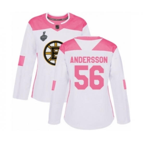 Women's Boston Bruins #56 Axel Andersson Authentic White Pink Fashion 2019 Stanley Cup Final Bound Hockey Jersey - Ujersey