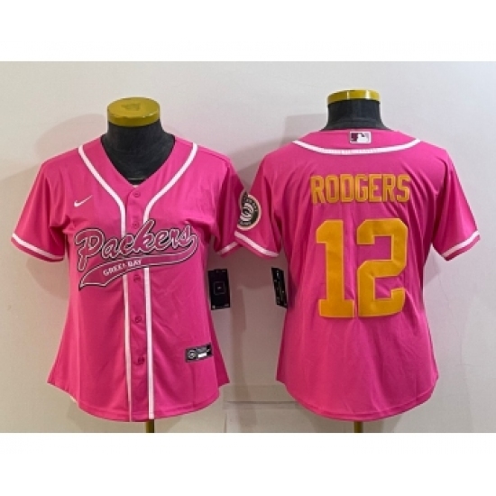 Women's Green Bay Packers #12 Aaron Rodgers Pink Gold With Patch Cool Base Stitched Baseball Jersey