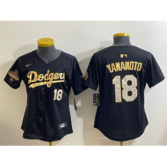 Women's Los Angeles Dodgers #18 Yoshinobu Yamamoto Black Gold 2025 World Series Champions Limited Stitched Baseball Jersey(Run Small) - Ujersey