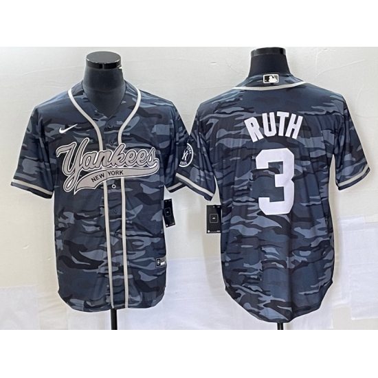 Men's New York Yankees #3 Babe Ruth Grey Camo Cool Base Stitched Baseball Jersey - Ujersey