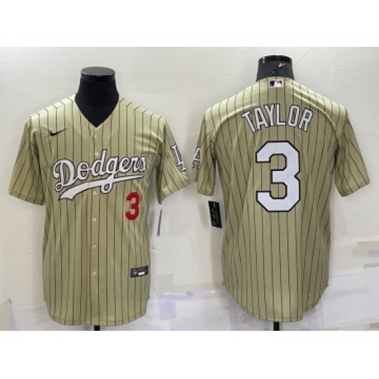 Men's Los Angeles Dodgers #3 Chris Taylor Number Cream Pinstripe Stitched MLB Cool Base Nike Jersey - Ujersey