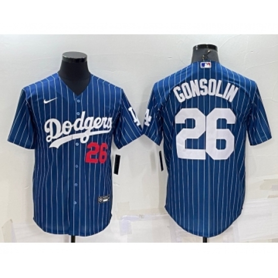 Men's Los Angeles Dodgers #26 Tony Gonsolin Number Red Navy Blue Pinstripe Stitched MLB Cool Base Nike Jersey - Ujersey