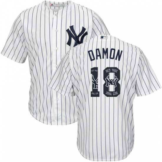 Men's Majestic New York Yankees #18 Johnny Damon Authentic White Team Logo Fashion MLB Jersey