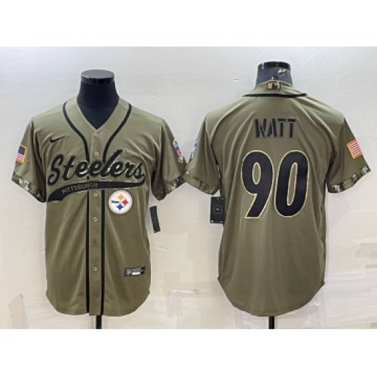 Men's Pittsburgh Steelers #90 TJ Watt Olive 2022 Salute to Service Cool Base Stitched Baseball Jersey - Ujersey