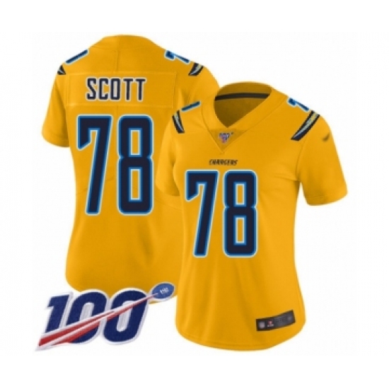 Women's Los Angeles Chargers #78 Trent Scott Limited Gold Inverted Legend 100th Season Football Jersey - Ujersey